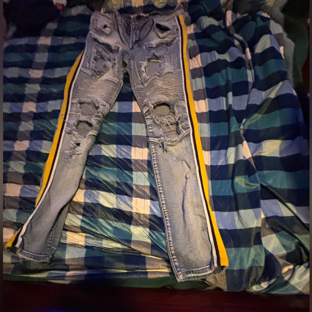 SKINNY Distressed Blue Jeans with Yellow Stripe